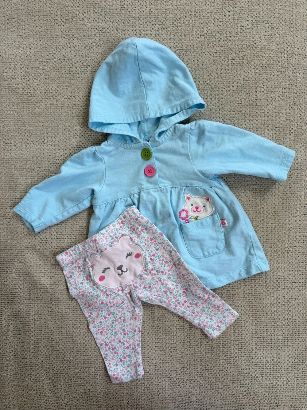 Light Blue Hooded Baby Outfit with Floral Leggings